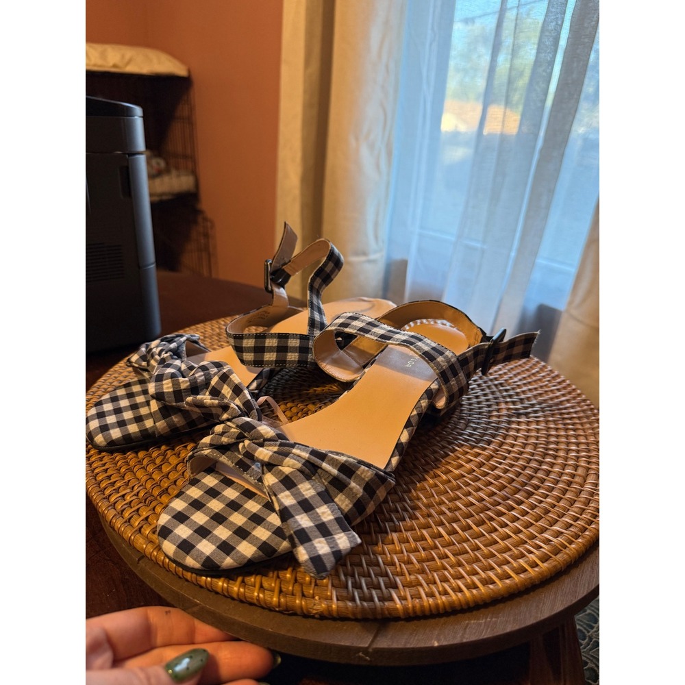 Ann Taylor Gingham Bow Block Heel Sandals Black White Size 10M